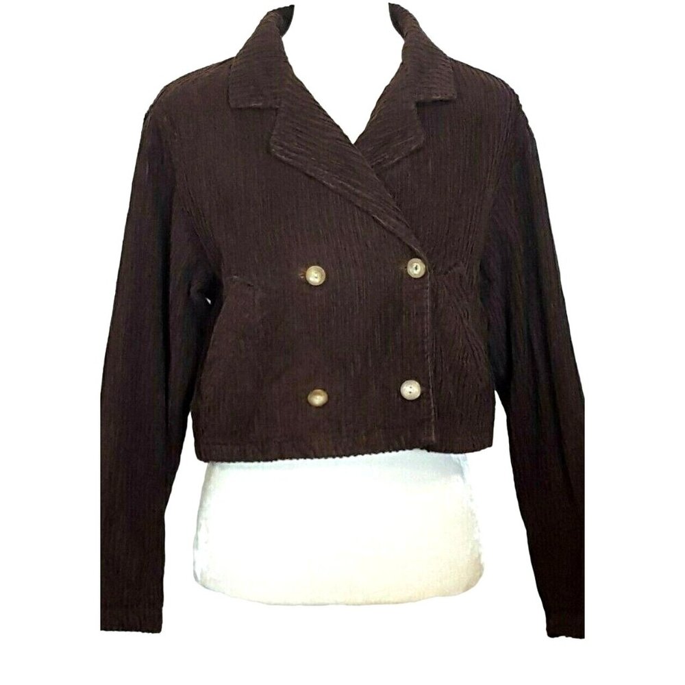 At Last Womens M Wide Corduroy Fitted Cropped Double Breasted Jacket Brown